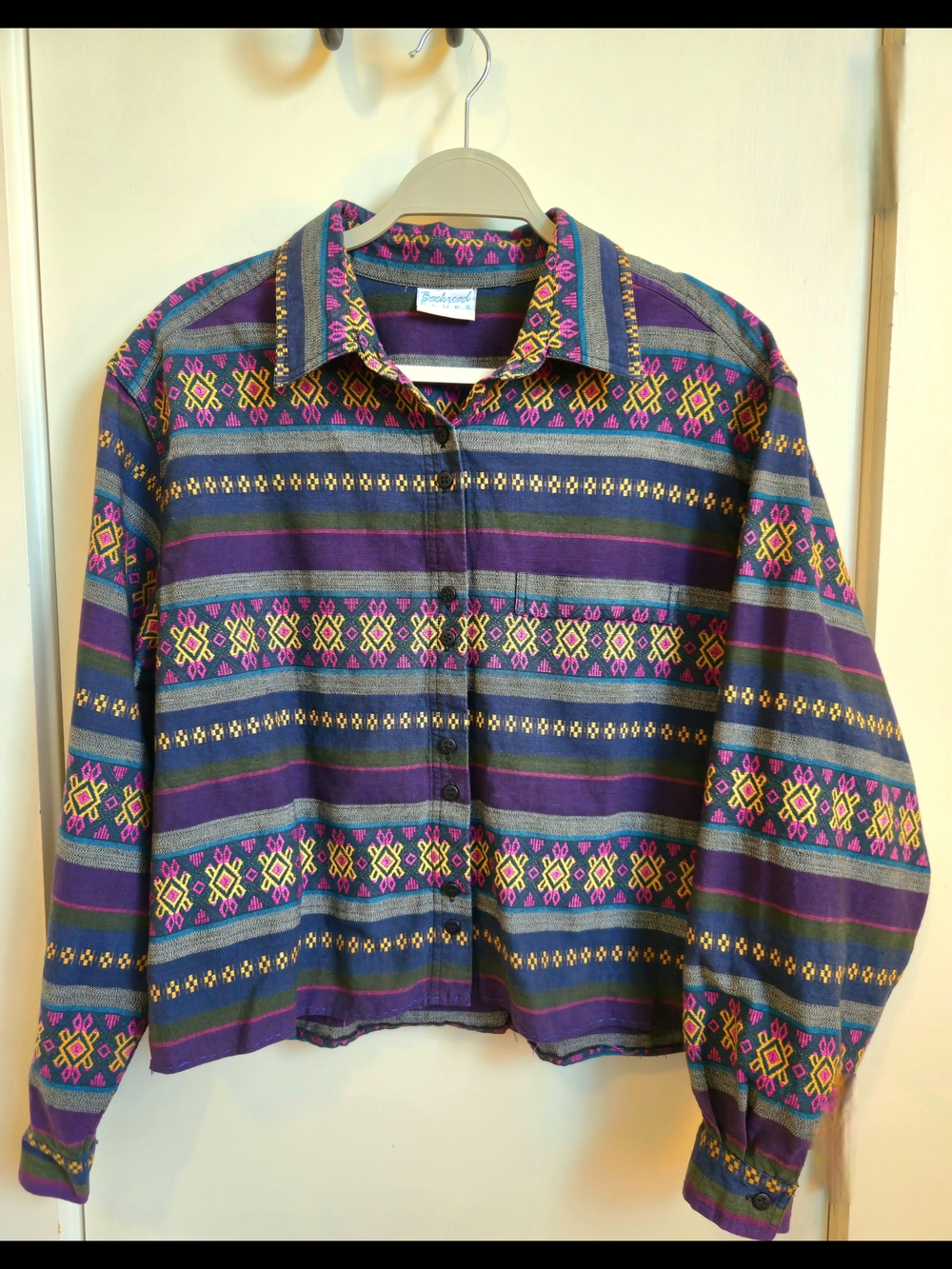 Vintage-Inspired Women's Button-Down Shirt in Purple Pattern